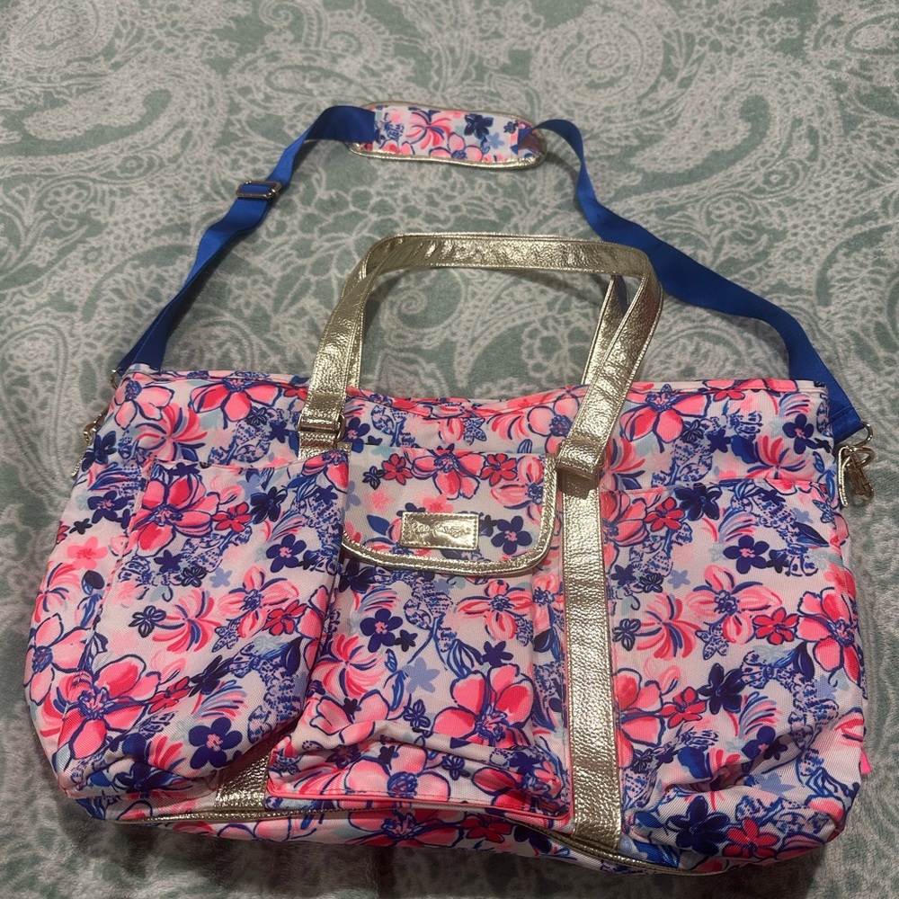 Lilly Pulitzer Pink and Blue Floral Tote with Silver Accents